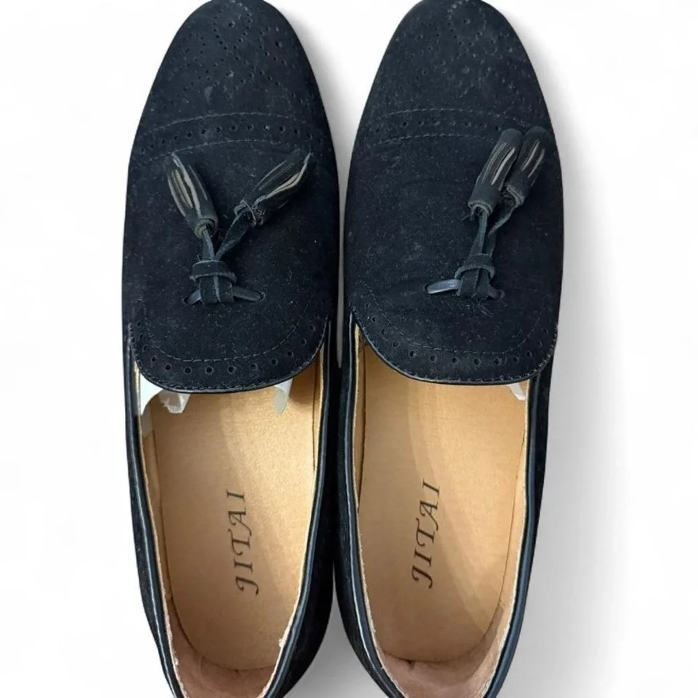 JITAI Mens Black Suede Tassel Loafers Wingtip Brogue Dress Shoes Size 8